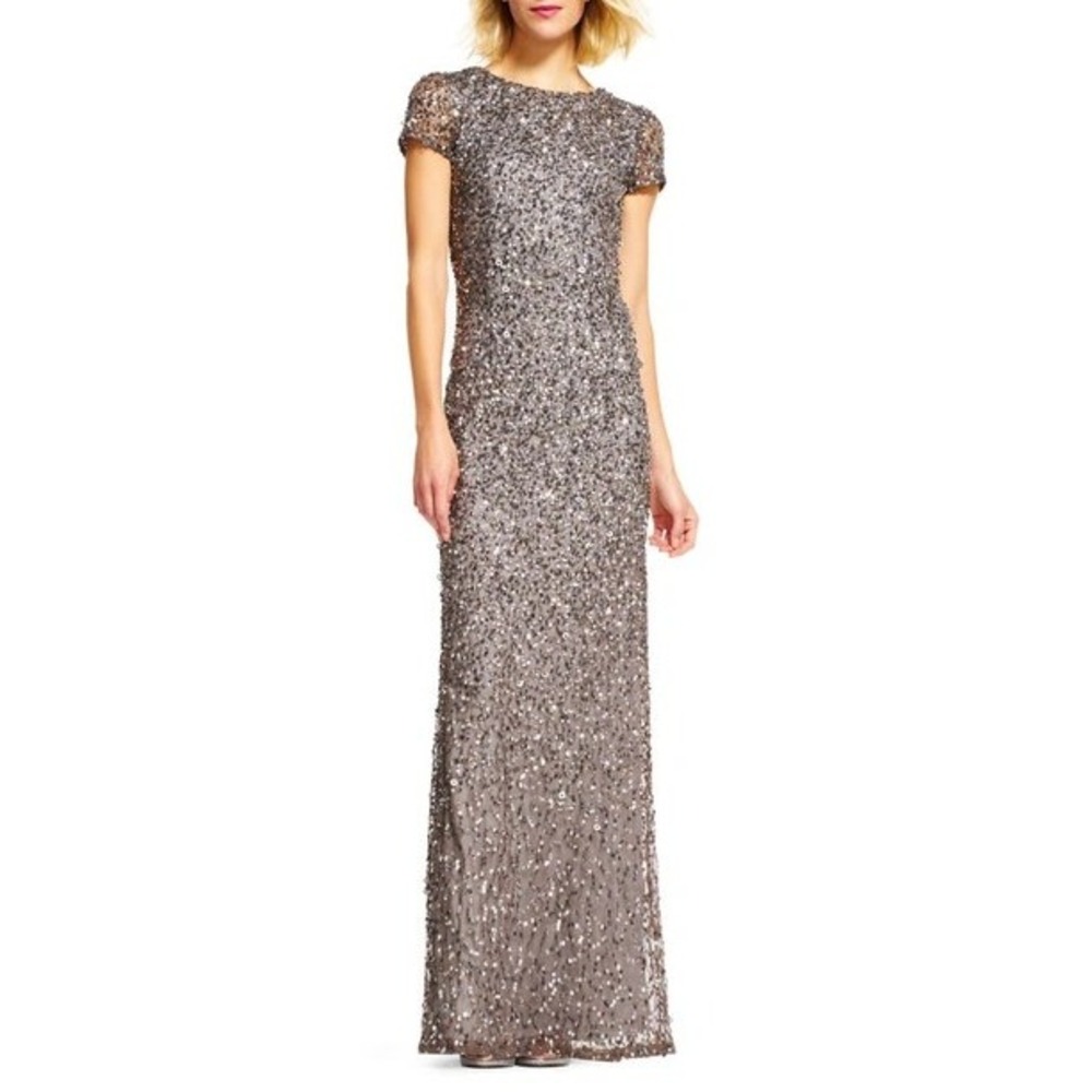 Adrianna Papell Sz 4 Sequin Gown Lead Gray Formal Sparkle Maxi Dress Glam Party